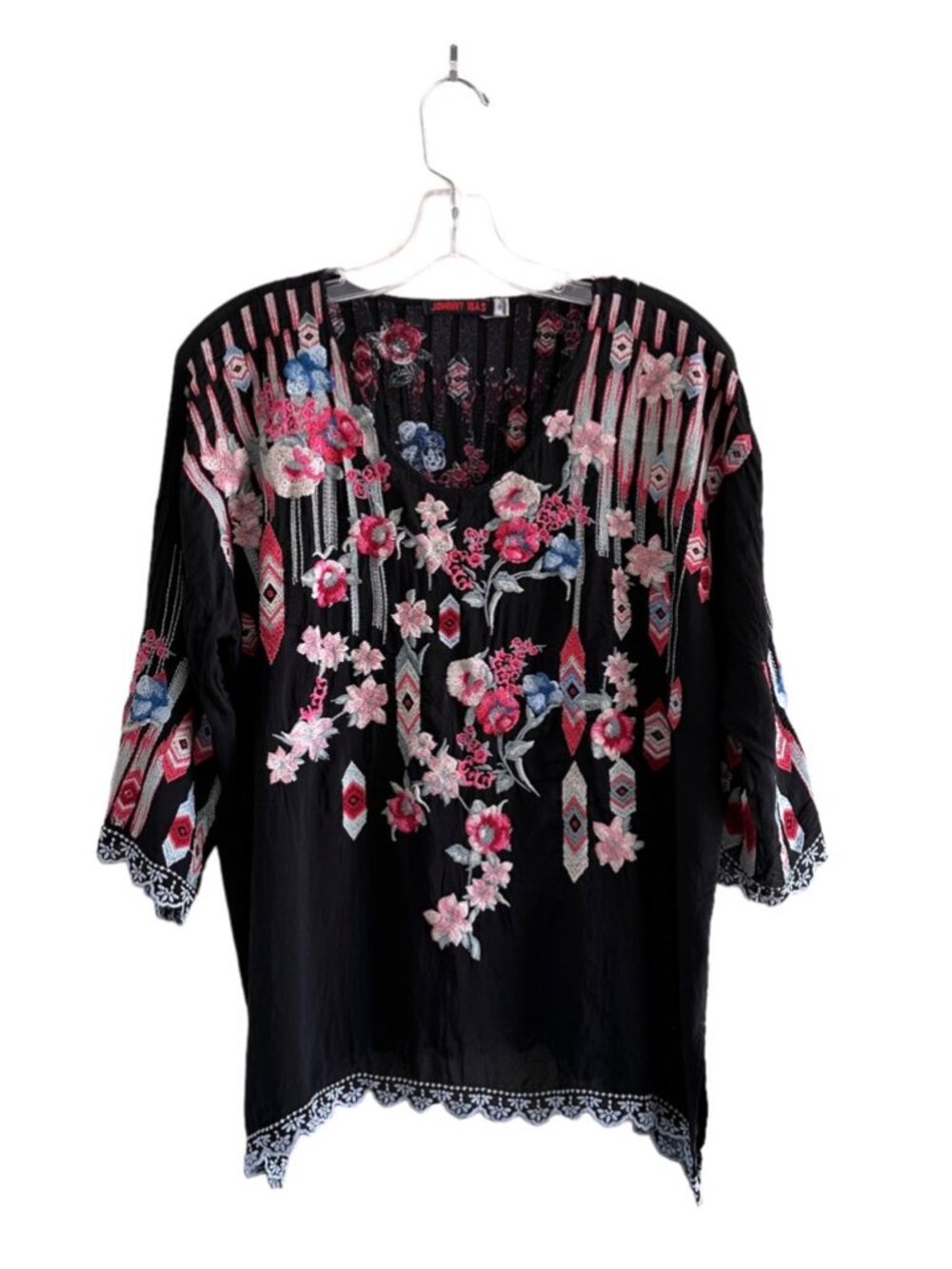 JOHNNY WAS Wendy Black Embroidered 3/4 Sleeve Top,XS, Boho Whimsygoth Festival